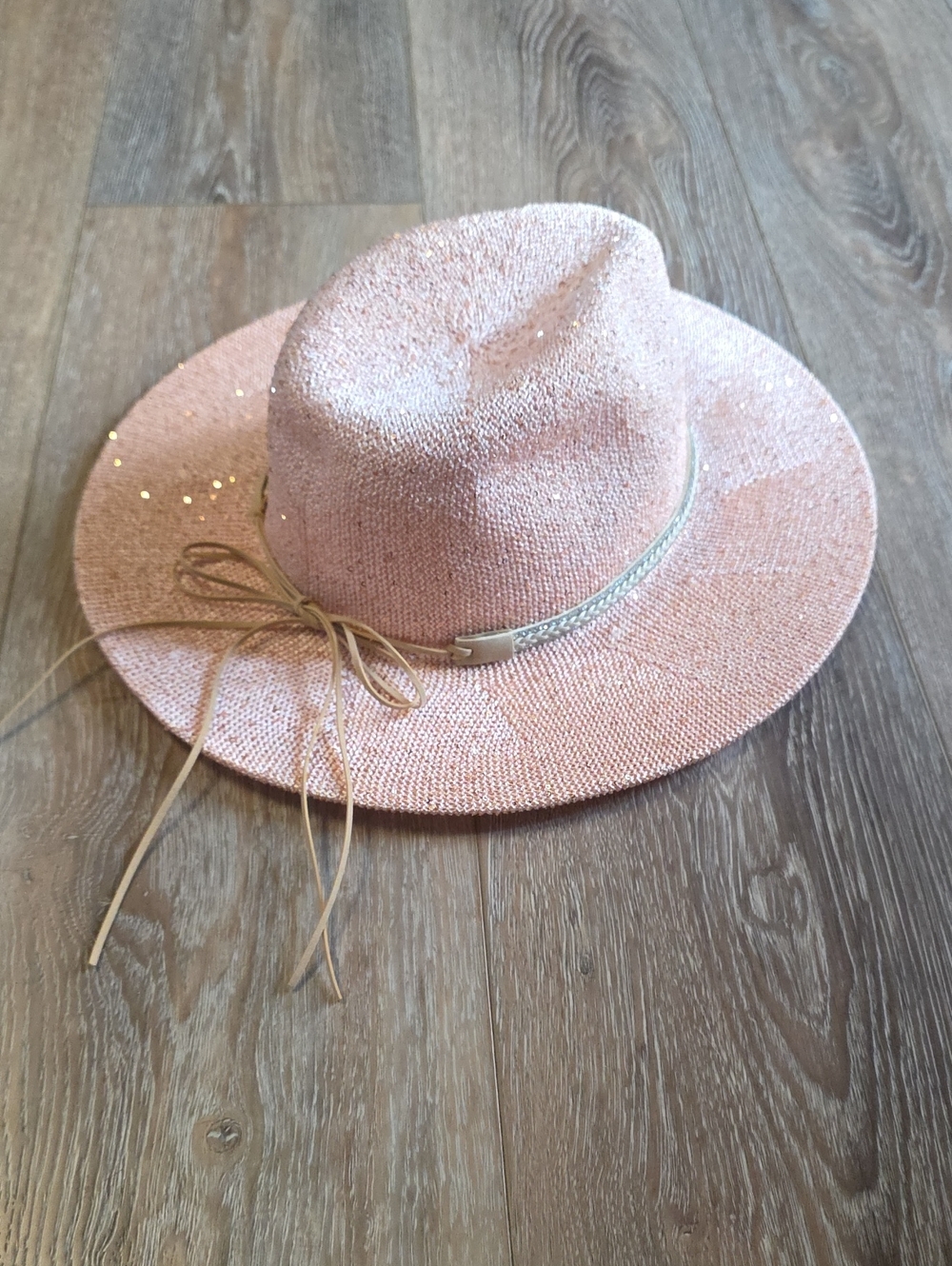 Women’s Peachy Pink Wide-Brim Fedora Cowgirl Hat w/ Decorative Band And Sequins